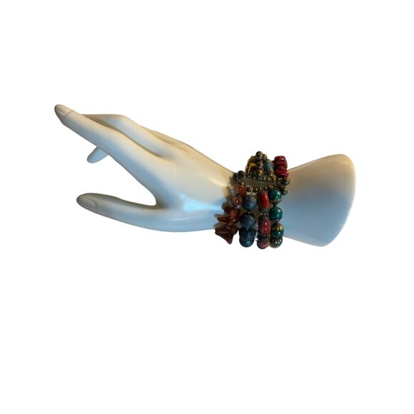 Colorful Multicolor Beaded Elastic Bracelet Set With Turquoise Red Amber & Yello - Picture 10 of 13